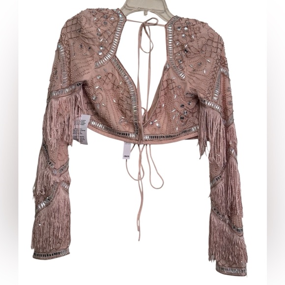 ASOS LUXE Embellished Tassel Crop Top in Blush - Picture 3 of 7